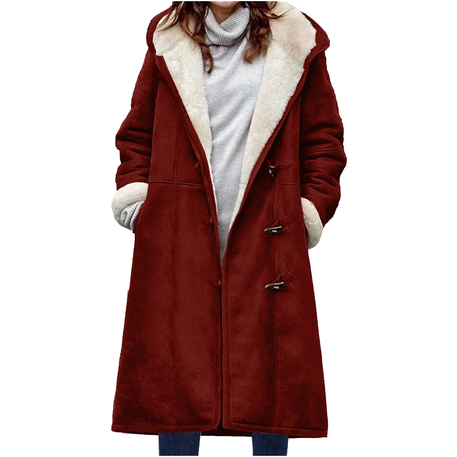 Plus Size Winter Coats for Women Warm Sherpa Fleece Lined Distressed Jackets Button Down Hooded Parka Faux Suede Pea Coat Outerwear